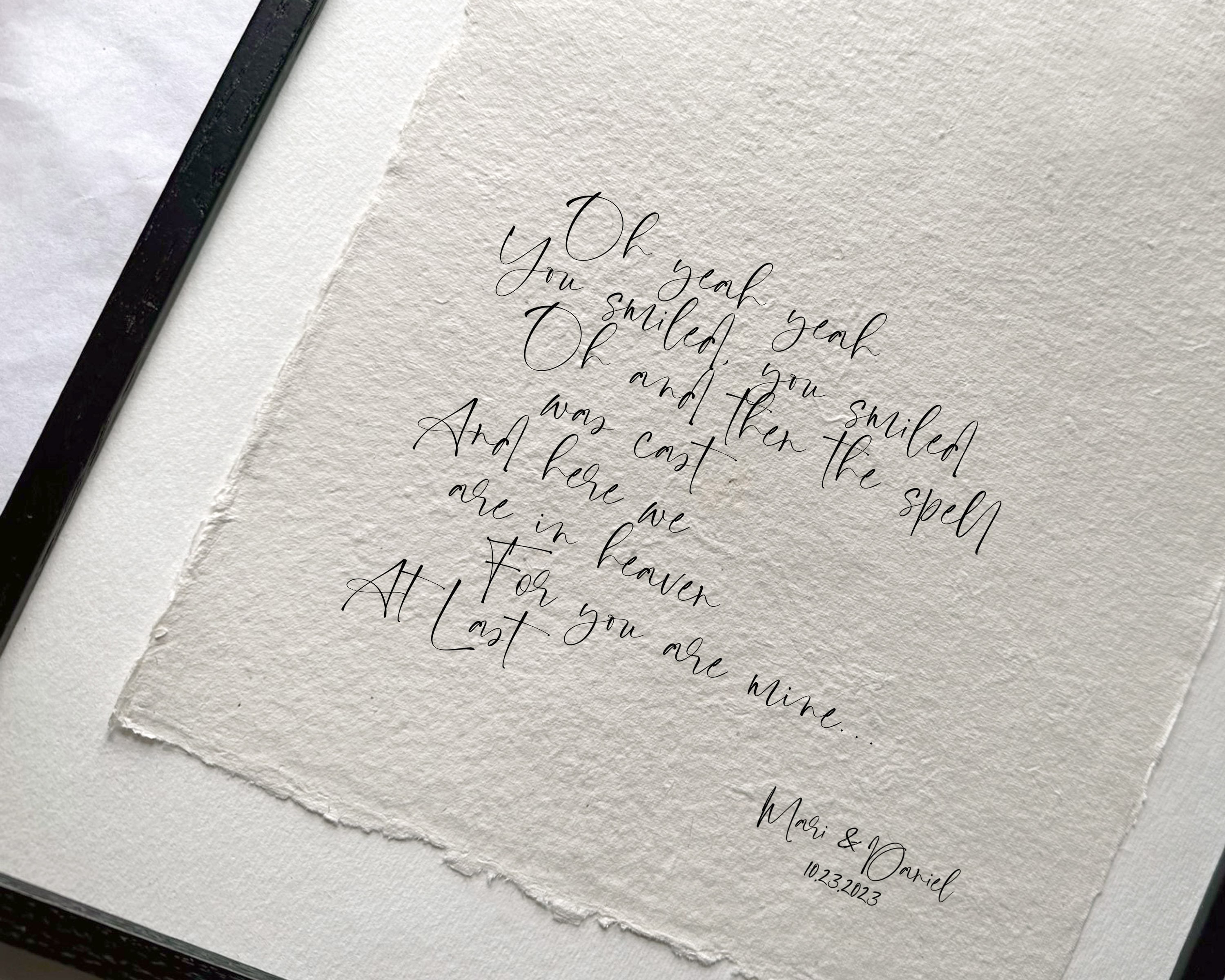 Framed Wedding Song Lyrics Print on Handmade Deckled Paper,