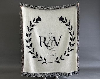 Personalized Throw Blanket, cotton anniversary gift for wife, couples initials, second anniversary, cotton anniversary, 2nd anniversary