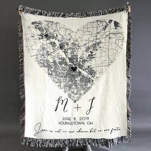 Woven Cotton Throw, Custom Map in Heart, Personalized Throw Blanket, 2nd Anniversary Gift Anniversary Gift Couple, Cotton Anniversary Gift