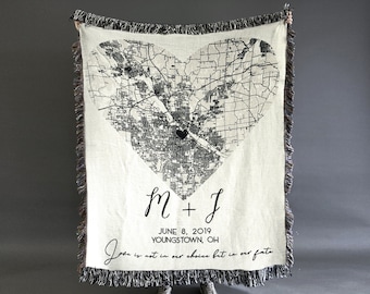 Woven Cotton Throw, Custom Map in Heart, Personalized Throw Blanket, 2nd Anniversary Gift Anniversary Gift Couple, Cotton Anniversary Gift