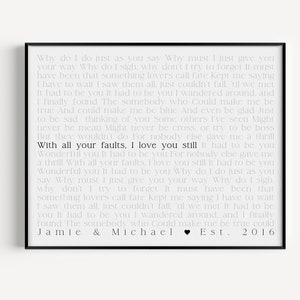 Wedding Song Lyric Art, anniversary gift for him, custom song lyrics wall art, paper anniversary gift, 1st anniversary gift for couple