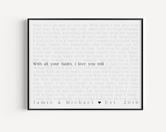 Wedding Song Lyric Art, anniversary gift for him, custom song lyrics wall art, paper anniversary gift, 1st anniversary gift for couple