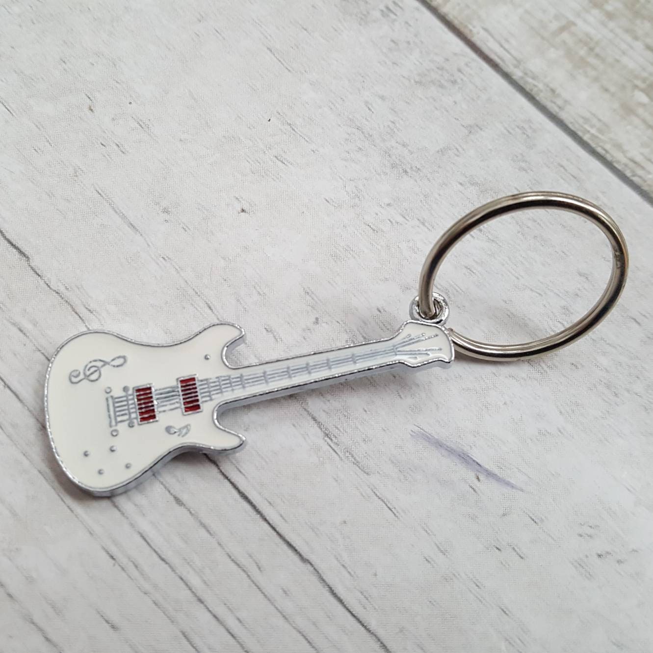 White Electric Guitar Key Ringmusic Teacher Giftinitial Etsy