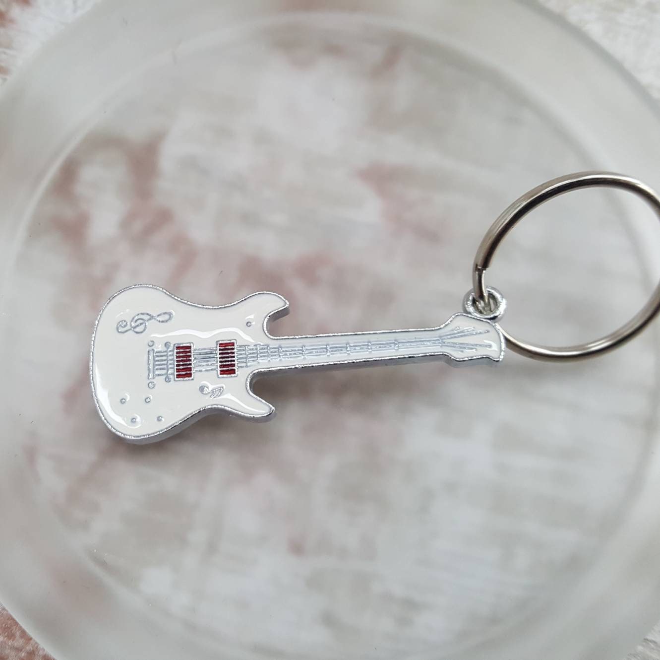 White Electric Guitar Key Ringmusic Teacher Giftinitial Etsy
