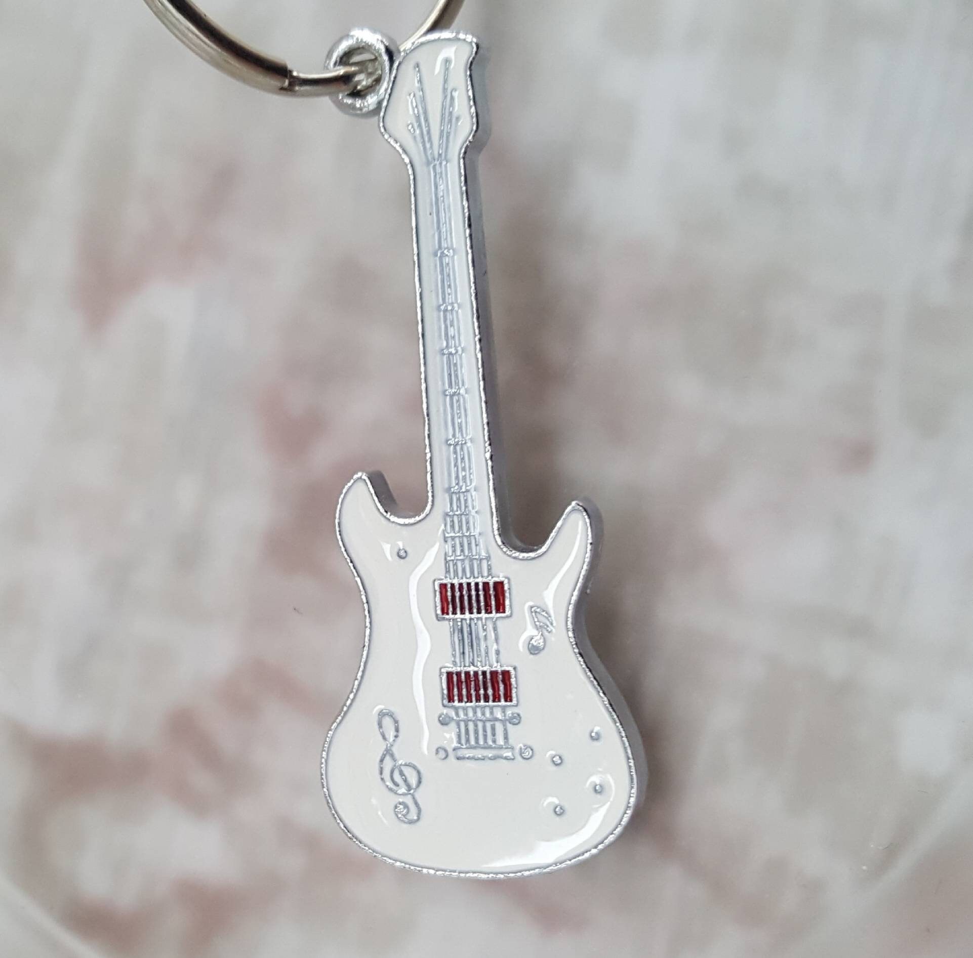 White Electric Guitar Key Ringmusic Teacher Giftinitial Etsy