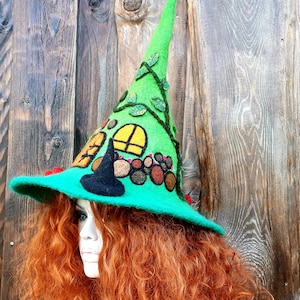 Witch wizard hat Faeriegarden hat  Felt witch hat Fairy costume Felted hat Woodland witch  Festival hat, Green witchy hat Witch hat