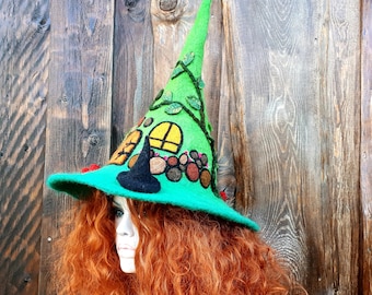 Witch wizard hat Faeriegarden hat  Felt witch hat Fairy costume Felted hat Woodland witch  Festival hat, Green witchy hat Witch hat