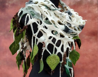 Birchtree scarf Fairy scarf, felt scarf, leaf scarf, green woodland scarf, pixie shawl, elf, necklace, nature style scarf, forest scarf