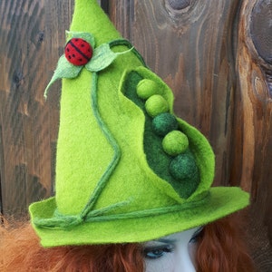 Op de afbeelding: Een groene vilt hoed in de vorm van een peul met een lieveheersbeestje erop. De hoed heeft een brede rand en een puntige kroon.