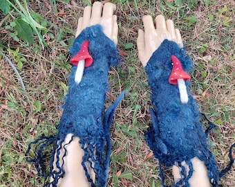 Darkblue armwarmers with mushrooms - pixie gloves- Pixie Cuffs - gloves-elf - Faerie Cuffs - armwarmers-felted cuffs-mushrooms gloves