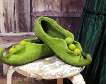 Felted Pea Pod Slippers: Whimsical Elf Witchy Shoes