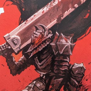 May include: Illustration of a warrior in dark armor, holding a large, blood-stained sword. The artwork features a red background, with the warrior's helmet and armor detailed in shades of gray and black. The image has a dynamic, action-oriented feel.