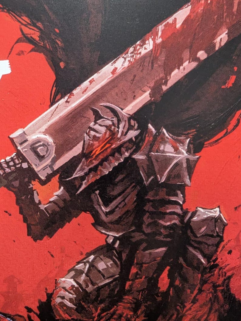 May include: Illustration of a warrior in dark armor, holding a large, blood-stained sword. The artwork features a red background, with the warrior's helmet and armor detailed in shades of gray and black. The image has a dynamic, action-oriented feel.