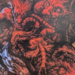 May include: An illustration featuring a chaotic composition of red, demonic figures with sharp teeth and menacing expressions. The artwork has a dark, textured appearance, with a focus on grotesque details and a sense of unease. The overall theme is fantasy and horror.