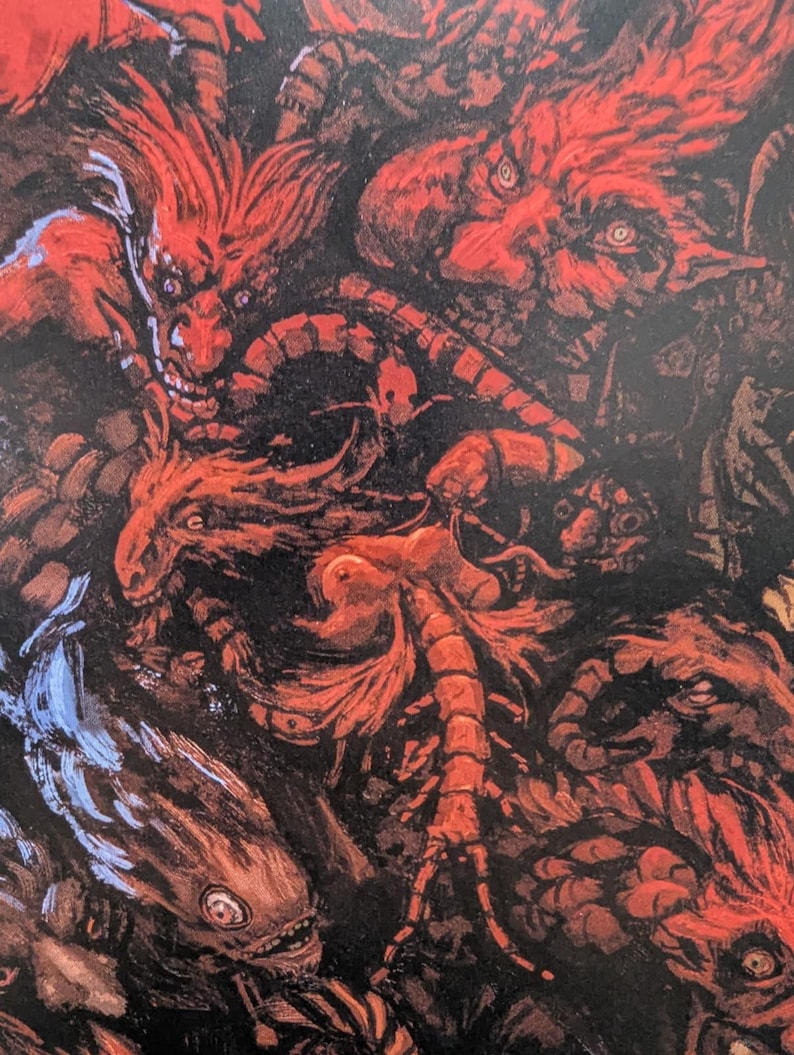 May include: An illustration featuring a chaotic composition of red, demonic figures with sharp teeth and menacing expressions. The artwork has a dark, textured appearance, with a focus on grotesque details and a sense of unease. The overall theme is fantasy and horror.