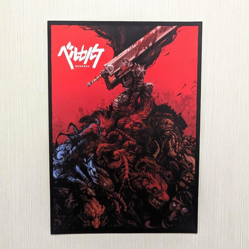 May include: A poster featuring a warrior with a large sword, standing atop a pile of grotesque creatures. The background is red, with Japanese text at the top. The warrior is clad in armor, and the sword is blood-stained.