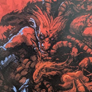 May include: A detailed illustration featuring a demonic figure with red hair and a menacing expression. The artwork is dominated by shades of red and black, with hints of blue. The composition suggests a fantasy or horror theme.