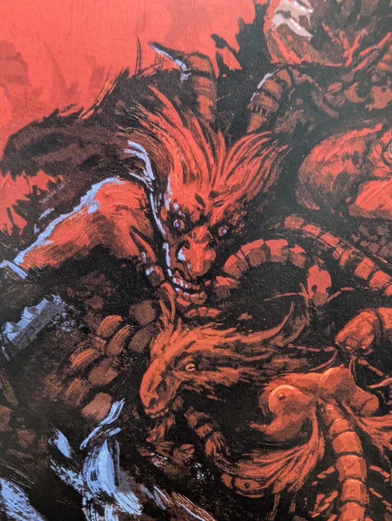 May include: A detailed illustration featuring a demonic figure with red hair and a menacing expression. The artwork is dominated by shades of red and black, with hints of blue. The composition suggests a fantasy or horror theme.
