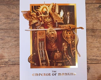 El Emperador de la Guerra de la Humanidad en un trono de oro, martillo espacial W40 Ilustración original, Impresión en lámina de oro, SIN AI