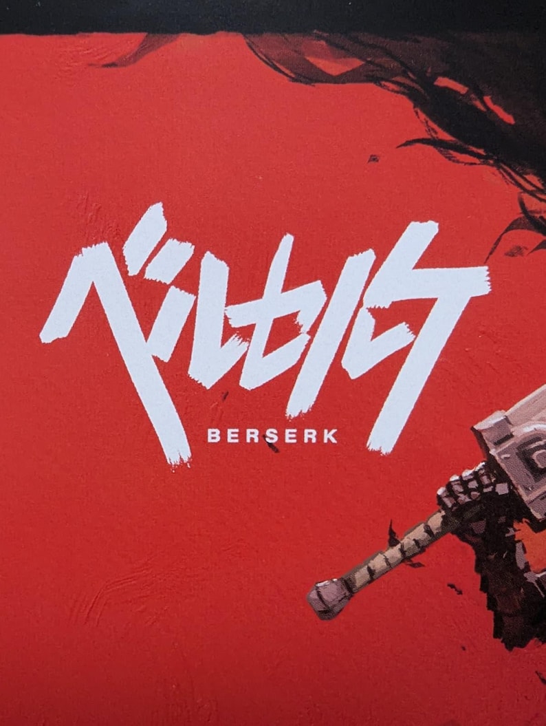 May include: A red background with the white text "ベルセルク" above the word "BERSERK". A portion of a weapon is visible in the lower right corner. The image has a textured appearance.