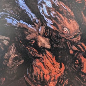 May include: An abstract painting with a dark background and several figures. The figures are rendered in shades of red, orange, and blue, with visible brushstrokes. The artwork has a textured appearance and a slightly unsettling mood.