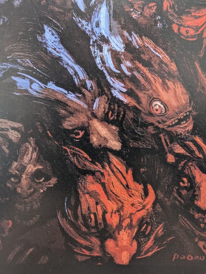 May include: An abstract painting with a dark background and several figures. The figures are rendered in shades of red, orange, and blue, with visible brushstrokes. The artwork has a textured appearance and a slightly unsettling mood.