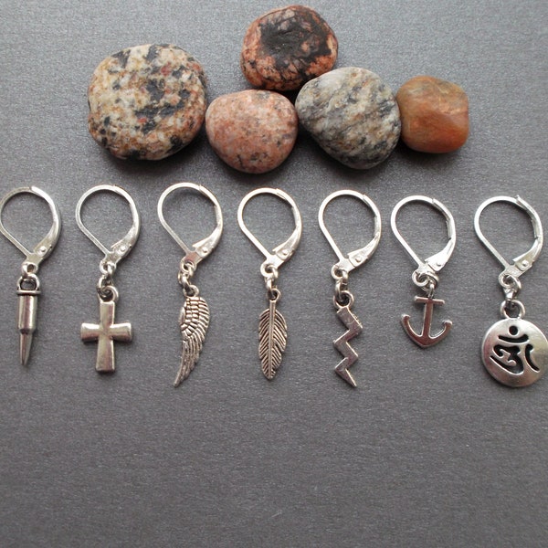 Men small silver earring Bullet/Cross/Angel Wing/Feather/Lightning/Anchor/Om sign