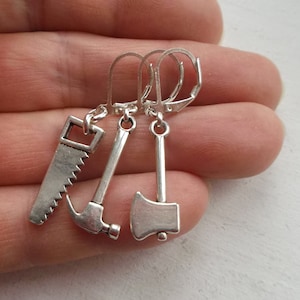 Men&#39;s earrings silver Saw/Hammer/Axe. Single earring For Men. earring dangle. One male Earring. Gift For Men. For Guys. For him. a carpenter