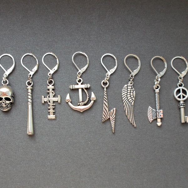 earring skull, baseball bat, cross, anchor, lightning, wing, ax, key, silver dangle earring single earring gift for men for guys for women
