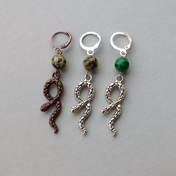 single earring snake with serpentine, malachite, earring copper, silver snake with stones one dangle earring unisex gift for guys