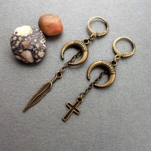 Double charm, brass earrings, two charm, feather and crescent moon earring, crescent moon and cross earring