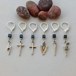 earring unisex with hematite cube: lightning, dagger, cross, triangle weapon, spike, revolver