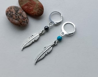 one earring silver feather with hematite with turquoise, dangle earring, single earring unisex for him, for her, boyfriend gift