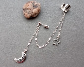 Boucle d'oreille chaîne étoile croissant de lune, bijoux célestes unisexe