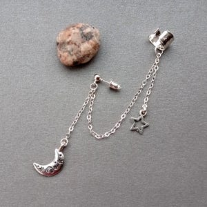 Ear cuff with moon crescent and star and chain, stud earring with cuff wrap, unisex jewelry, modern earring for her for him