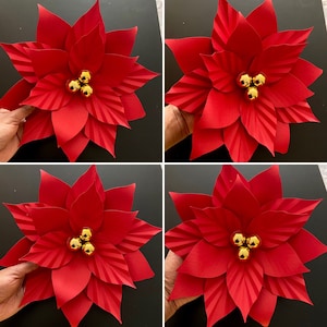May include: Four red paper poinsettia flowers with gold glitter accents. Each flower has a cluster of three gold glitter balls in the center.