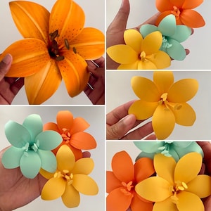 Flores de papel con forma de lirio, pequeñas flores de papel para proyectos de bricolaje, plantilla para trazar y cortar en formato PDF, flores de papel con forma de lirio en caja de sombras, flores de papel para guardería