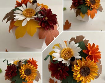 Plantilla SVG PDF de calabaza de papel, calabaza de otoño con flores y hojas, centro de mesa de calabaza de otoño, manualidades de papel para Acción de Gracias, flores de papel