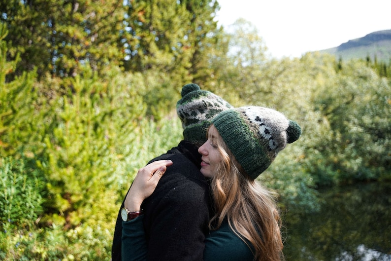 Icelandic wool hat with sheep's. Handmade knitwear from Icelandic wool. Warm green hat with sheep's. Wool knitted hat. image 3