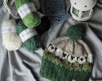 Icelandic wool hat with sheep's. Handmade knitwear from Icelandic wool. Warm green hat with sheep's. Wool knitted hat.