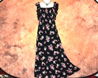 Frilly Garden Midi Dress Women's Black Floral Feminine Casual Day or Evening Dress Summer Spring Pretty Dress Open Back Smocked Top