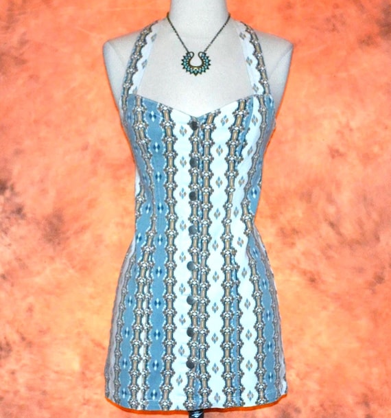 Denim Mini Dress Women's Tribal Print Casual Summer Dress Button Front, Size Small