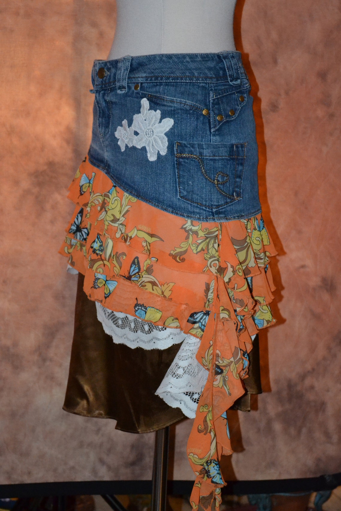 Hippie Patchwork Upcycled Denim Skirt Women's Ruffles Lace | Etsy