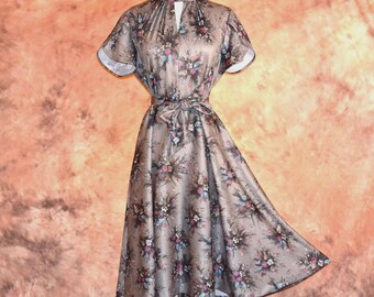 70s Floral Swing Dress: Mocha Brown High Neck, Medium/Large