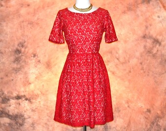 Red Lace Dress Women's Lacy Floral Short Sleeve Party Dress