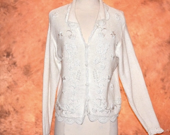 Heirloom Collectibles Winter White Vintage Cardigan Women's Button Front Elegant Sweater Crochet Trim Embroidery