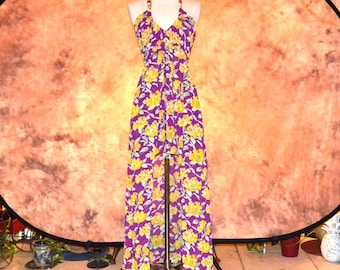 Maxikleid Damen rückenfrei Rüschen Chiffon Neckholder Top Lila Blumen Langes Partykleid