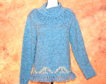 Women's Hippie Sweater Vintage Blue/Gray Marbled Chunky Pullover Cowl Turtleneck Embellished Hem Fringe