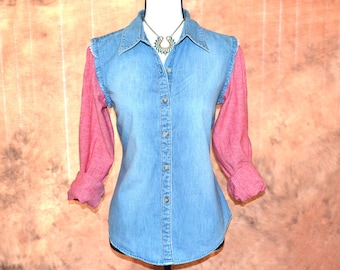 Handmade Denim Shirt Women's Jean Shirt 100% Cotton Sleeves Frayed Shoulders Tailored Blouse Shirttail Hemline