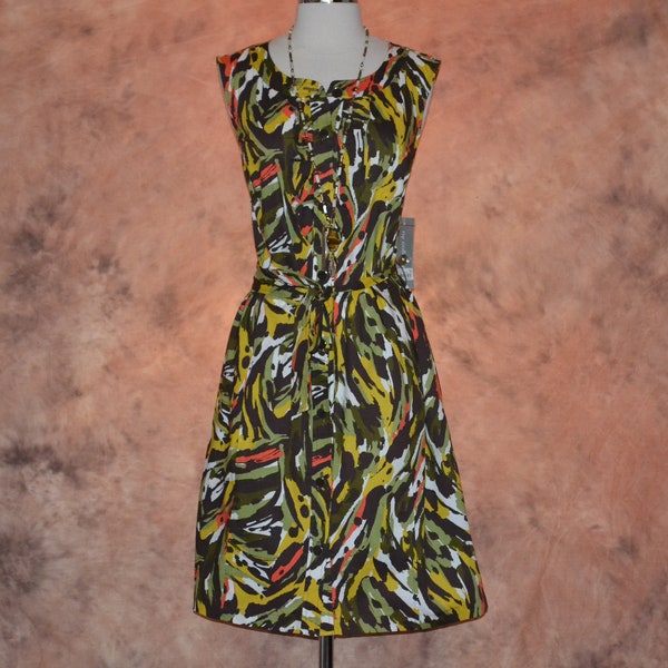 Plus Size Day Dress NWT Botón de Mujer Estampado Abstracto Estampado Abstracto Otoño Colores Secretaria Ruffle Retro Rockabilly Mad Men Estilo Vestido con Cinturón